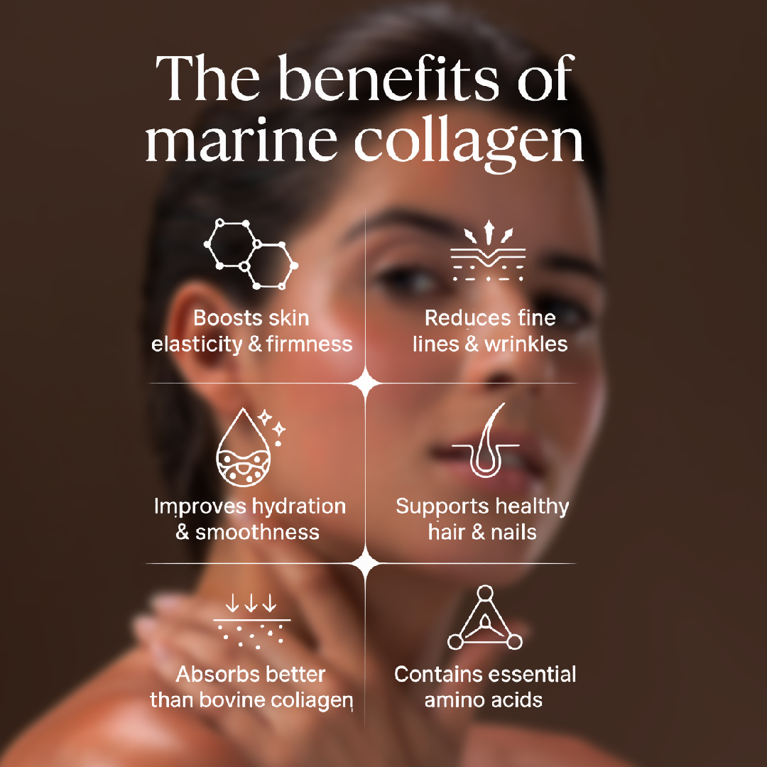 Woman's face with text detailing the benefits of marine collagen.