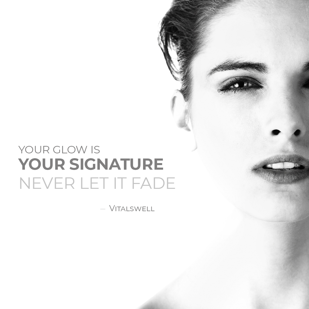 Black and white portrait of a woman with a motivational quote about maintaining one's glow.