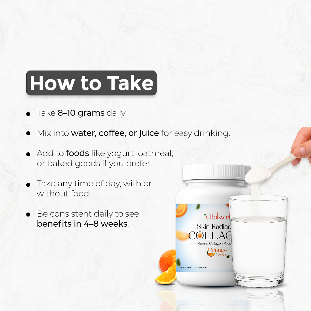 Collagen supplement with instructions on how to take it, including a spoon and glass of water.