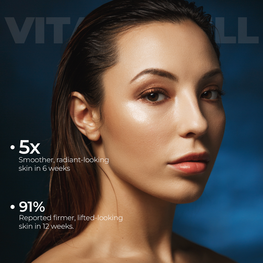 Woman's face with skincare product claims on a blue background