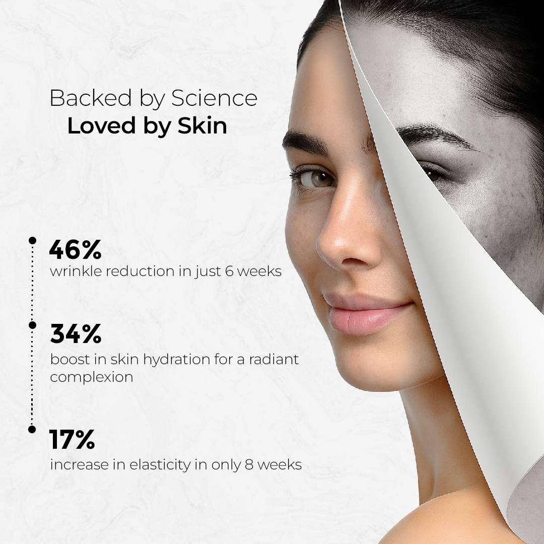 Woman's face with skincare benefits highlighted on a white background