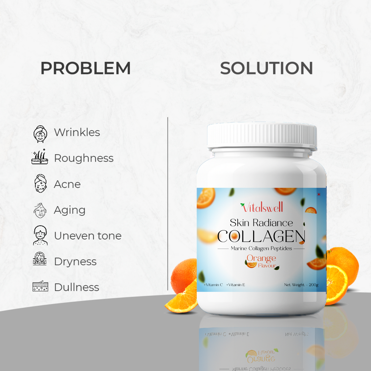 Vitawsell Skin Radiance Collagen supplement bottle with problem and solution text on a white background