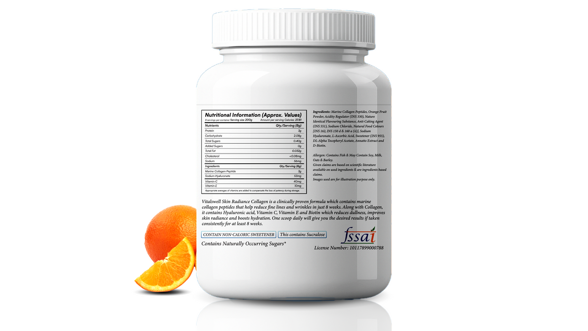 Supplement bottle with nutritional information label and an orange slice on a white background